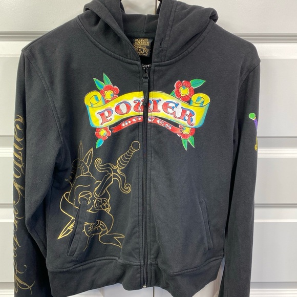 Raw Blue Jackets & Blazers - Vintage Y2K Raw Blue Hoodie Black Full Zip Vindication Skull Womens Fits Medium